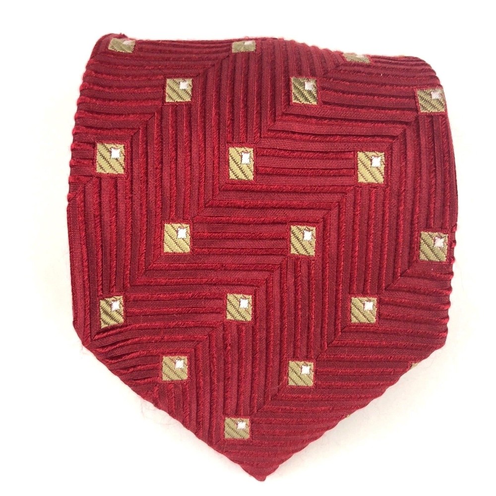 ERMENEGILDO ZEGNA Italy Red 100% Silk Geometric Tie w/ Beige Squares Design 59"